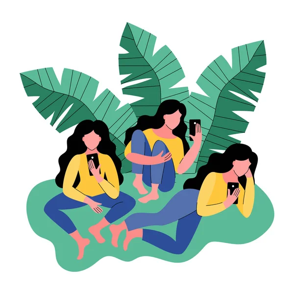Tres Mujeres Usan Smartphone Ilustración Vectorial Estilo Plano — Vector de stock