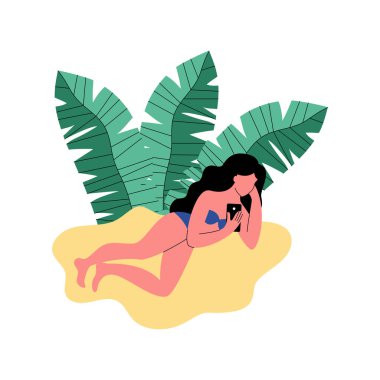 Sahilde bir kadınla bir akıllı telefon kullanır. Düz stil vektör çizim.