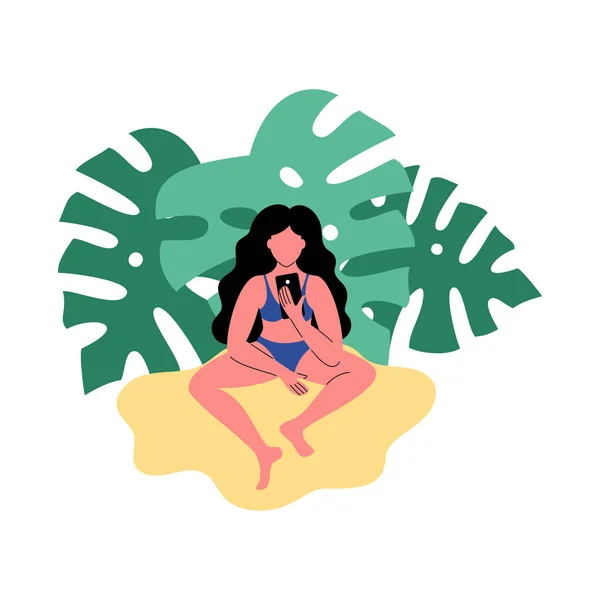 Una Mujer Playa Usa Smartphone Ilustración Vectorial Estilo Plano — Vector de stock