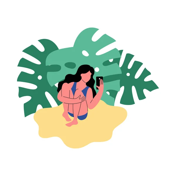 Una Mujer Playa Usa Smartphone Ilustración Vectorial Estilo Plano — Vector de stock
