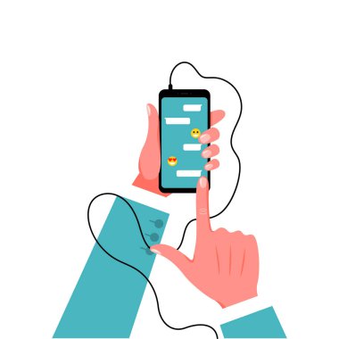 Smartphone takım elbiseli erkek elinde. Vektör çizim