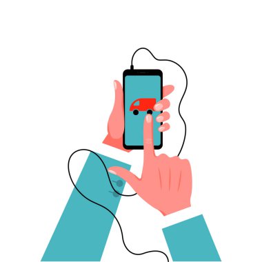 Smartphone takım elbiseli erkek elinde. Vektör çizim
