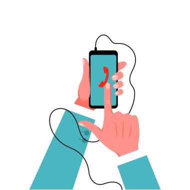Smartphone takım elbiseli erkek elinde. Vektör çizim