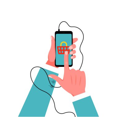 Smartphone takım elbiseli erkek elinde. Vektör çizim