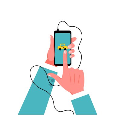 Smartphone takım elbiseli erkek elinde. Vektör çizim