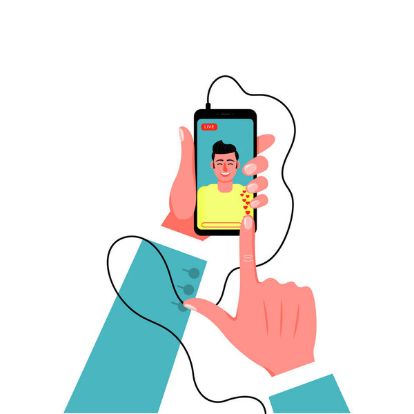 Смартфон в мужской руке в костюме. Векторная иллюстрация
