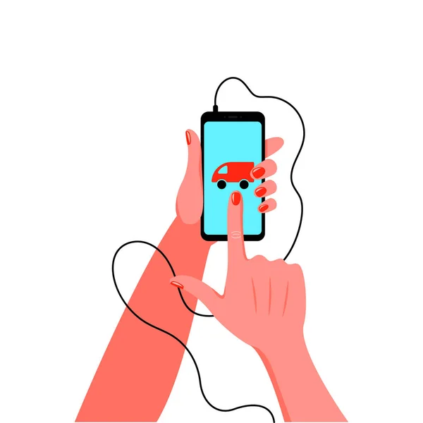 Smartphone in female hand with manicure. Vector illustration