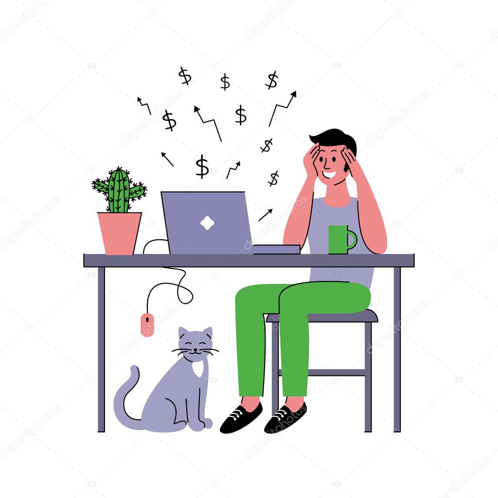 Successful male freelancer works at home. Vector illustration in flat style