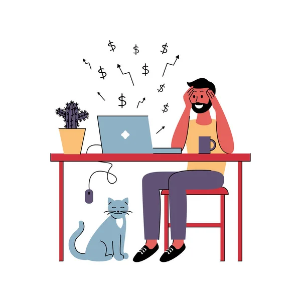 Hombre Exitoso Freelancer Trabaja Casa Ilustración Vectorial Estilo Plano — Archivo Imágenes Vectoriales