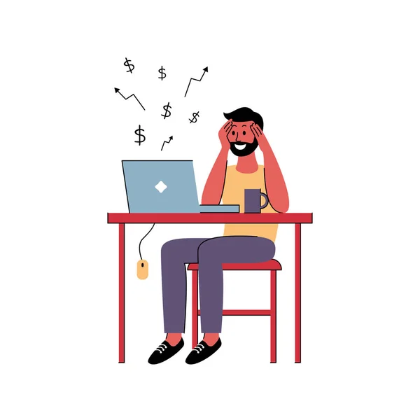 Hombre Exitoso Freelancer Trabaja Casa Ilustración Vectorial Estilo Plano — Vector de stock