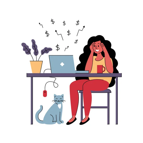 Chica Exitosa Freelancer Trabaja Casa Ilustración Vectorial Estilo Plano — Archivo Imágenes Vectoriales