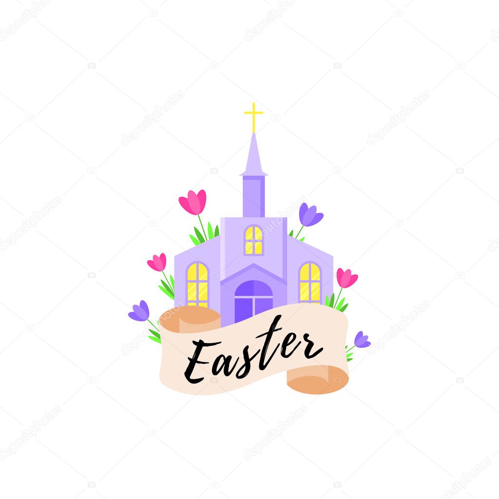 Card for the holiday of Easter with a church and flowers. Vector illustration in flat style.