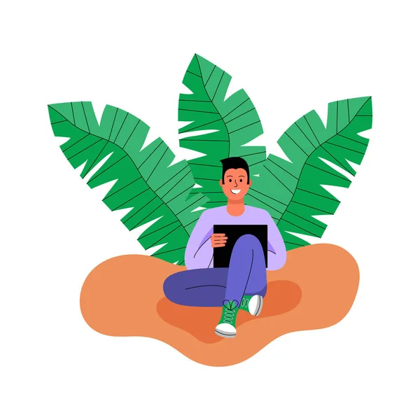 Un hombre con un portátil rodeado de hojas tropicales. Ilustración vectorial . — Vector de stock