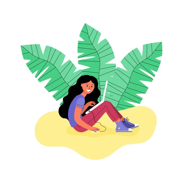 Una mujer con una laptop rodeada de hojas tropicales. Ilustración vectorial . — Vector de stock