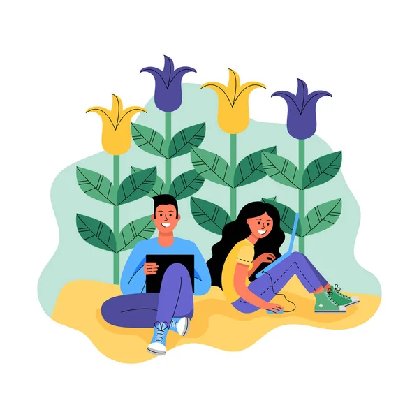 Un hombre y una mujer con computadoras portátiles rodeados de flores. Ilustración vectorial . — Vector de stock