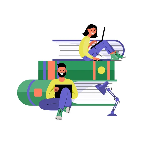 Hombre y mujer con computadoras portátiles. Formación en línea y concepto de freelancing. Ilustración vectorial . — Archivo Imágenes Vectoriales