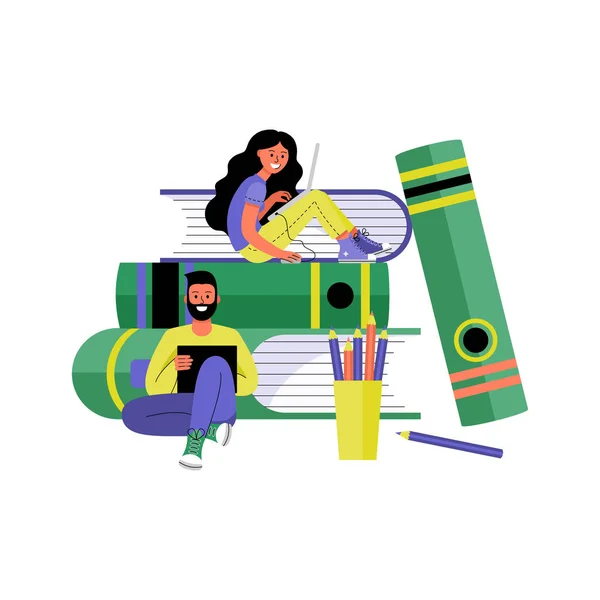 Hombre y mujer con computadoras portátiles. Formación en línea y concepto de freelancing. Ilustración vectorial . — Vector de stock