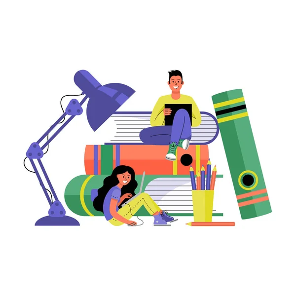 Hombre y mujer con computadoras portátiles. Formación en línea y concepto de freelancing. Ilustración vectorial . — Archivo Imágenes Vectoriales