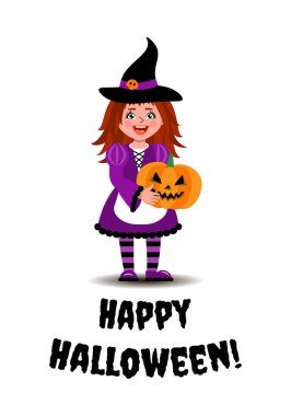 Cadı kostümü giymiş bir kız Cadılar Bayramı için kabak tutuyor. Karikatür tarzında Illustration.