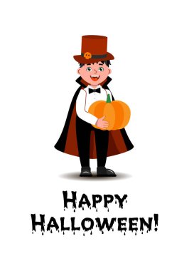 Vampir kostümü giymiş bir çocuk ayakta duruyor ve elinde kabak tutuyor..