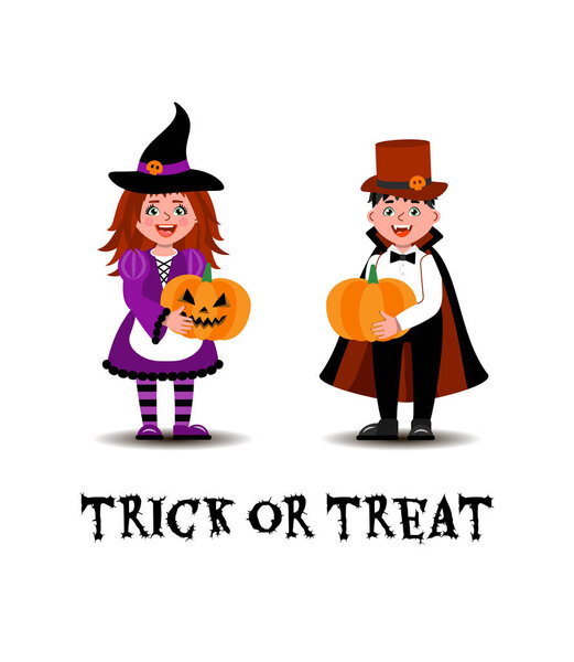 A girl dressed as a witch and a boy dressed as a vampire stand with pumpkins in their hands.