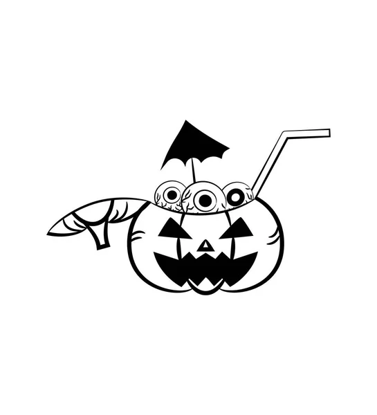 Horror drink in pumpkin for Halloween with eyes and witch umbrella outline illustration. - Stok Vektor
