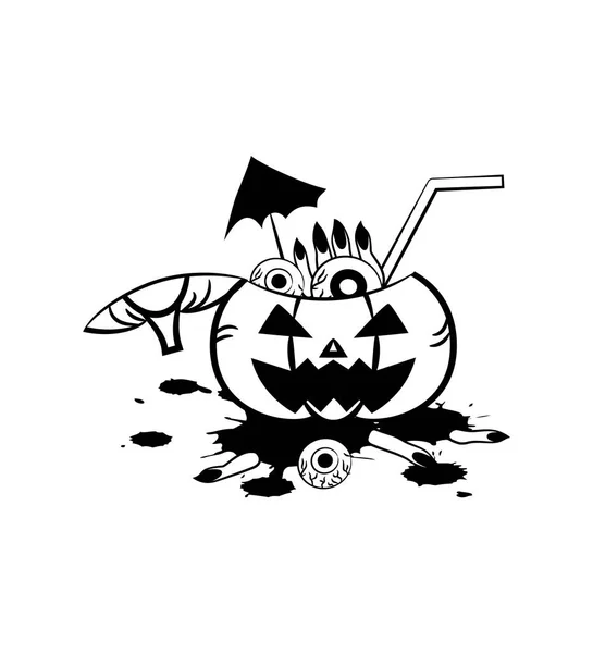 Horror drink in pumpkin for Halloween with blood, eyes and finger, outline icon illustration. — Stock Vector