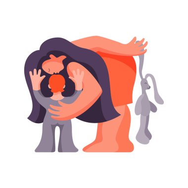 Çocuğu olan bir kadın. Anne çocuğa doğru eğildi. Vektör Illustration.