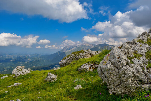 An overview that captures the mountain chain Gran Sasso located in the National Park Gran Sasso in Prati di Tivo,Teramo province,Abruzzo region Italy