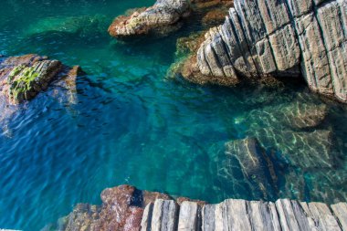 Riomaggiore, Cinque Terre, La Spezia, İtalya 'daki kayaların arasında görülen turkuaz su.
