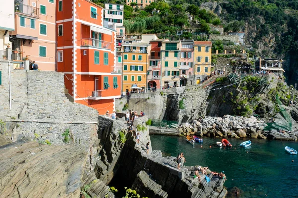 Colorful Buildings Port Riomaggiore Cinque Terre Spezia Italy Stock Photo