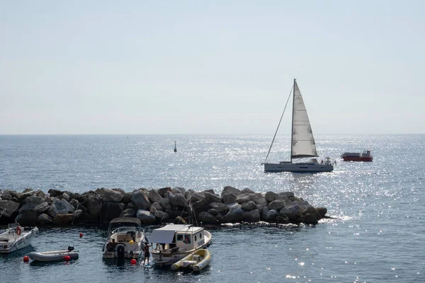 Boats Sailing Ships Port Riomaggiore Cinque Terre Spezia Italy Stock Photo