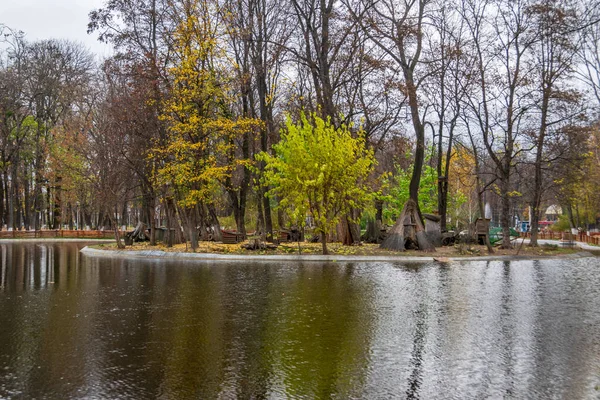 Recreational Lake Roman Park Reflecting Colors Autumn Romania — стокове фото