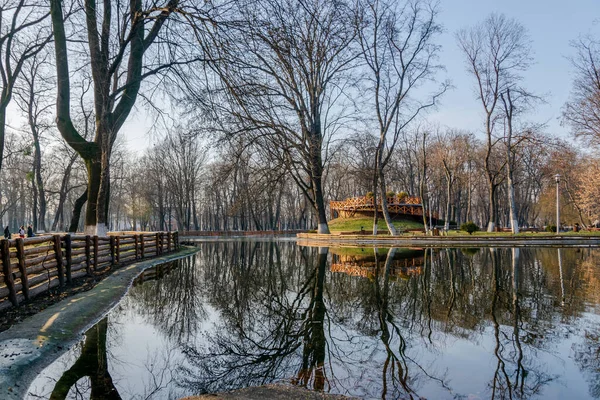 Lac Récréatif Dans Parc Romain Reflétant Les Couleurs Automne Roumanie — Photo