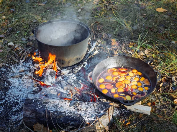 Pot Preparing Mulled Wine Red Wine Cooked Fire Cinnamon Honey — Stock Photo, Image