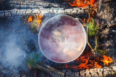 Kırmızı balık çorbası ateşte bir tencerede pişirme