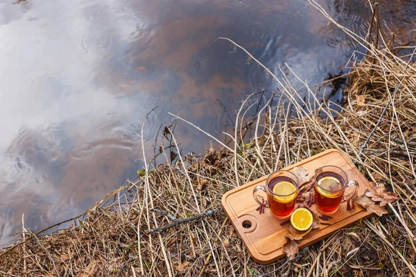 Té rojo con limón en tazas de vidrio sobre la naturaleza . — Foto de Stock