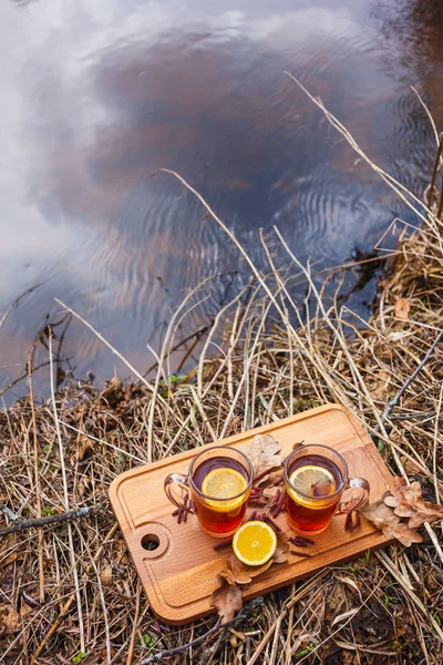 Té rojo con limón en tazas de vidrio sobre la naturaleza . — Foto de Stock