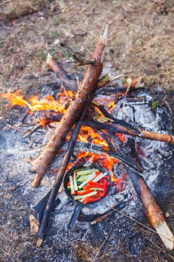 Kırmızı biber ve salatalık bir tavada bir yangın yemekleri pişirme