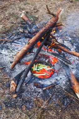 Kırmızı biber ve salatalık bir tavada bir yangın yemekleri pişirme