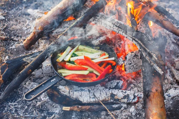 Cooking dishes from red bell peppers and cucumbers in a pan on a fire — Stock Photo, Image