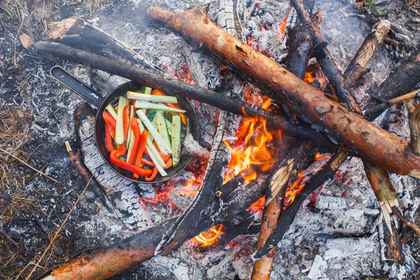 Cooking dishes from red bell peppers and cucumbers in a pan on a fire — Stock Photo, Image