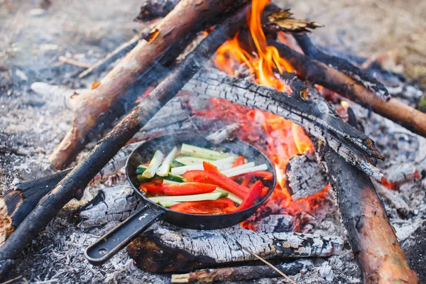 Cooking dishes from red bell peppers and cucumbers in a pan on a fire — Stock Photo, Image