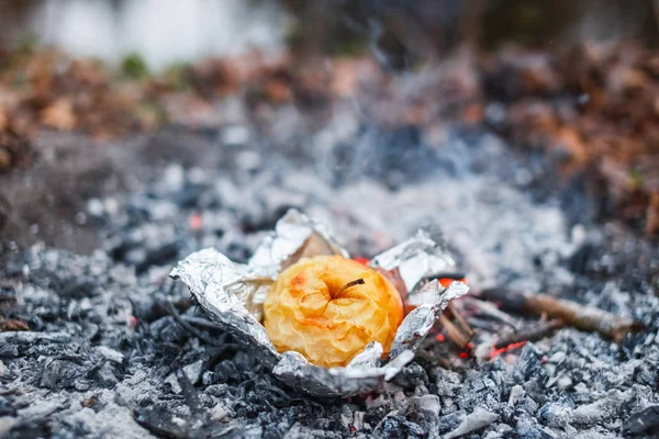 Apple baked on coals in the evening — Stock Photo, Image