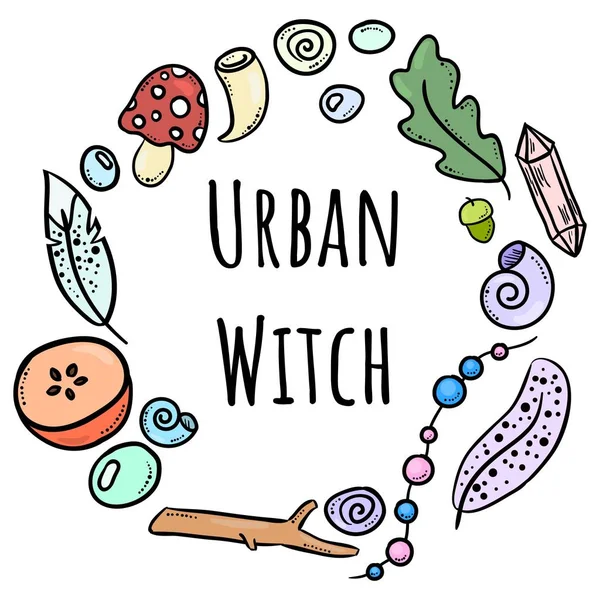 Urban witch lettering with colorful doodles in circle ornament