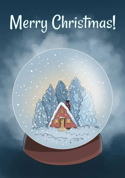 Merry christmas winter scene in a snow globe postcard