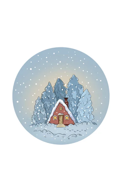 Snow globe winter scene cabin and pine trees illustration