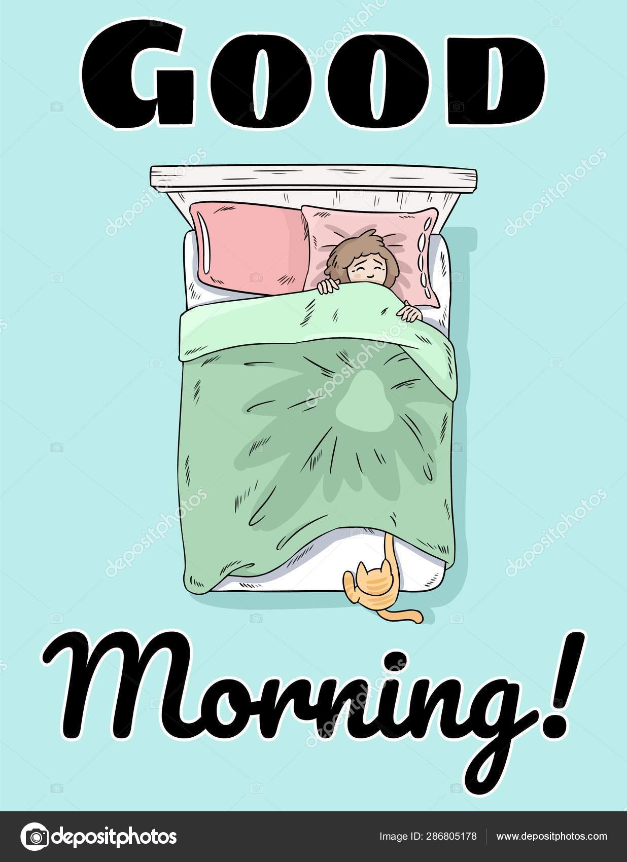 Guten Morgen Susse Postkarte Handgezeichnete Lustige Illustration Im Comic Stil Katze Versucht Das Madchen Zu Wecken Vektorgrafik Lizenzfreie Grafiken C Oixxo Yandex Ru 286805178 Depositphotos
