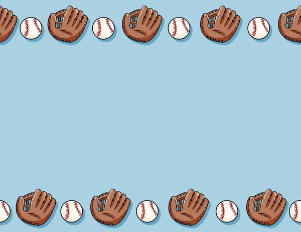 Baseball balls and gloves seamless pattern. Letter template. Cute doodle hand drawn baseballs on blue background texture tile