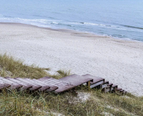 Wooden Stairs Sea Top Dune Winter Cloudy Day Stock Image